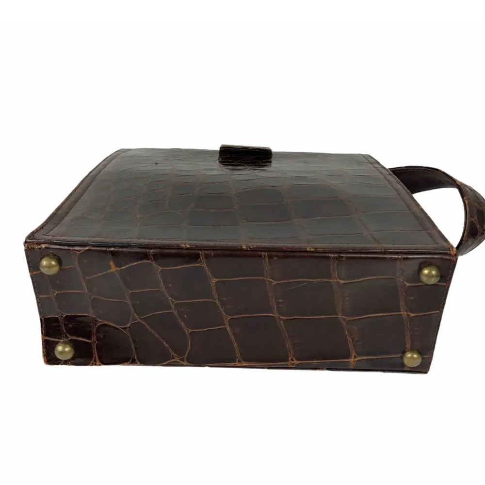 VTG Mark Cross Satchel Box Bag Brown Alligator Leather Gold Hardware Dust Bag